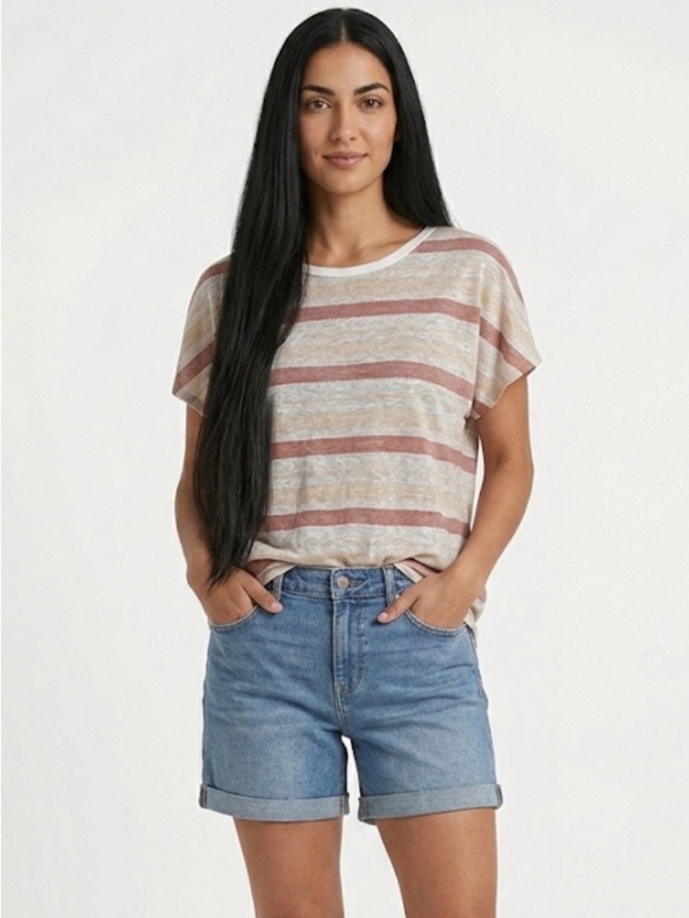 C&C California Women’s Striped Short-Sleeve Tee in Ivory, pink & rose